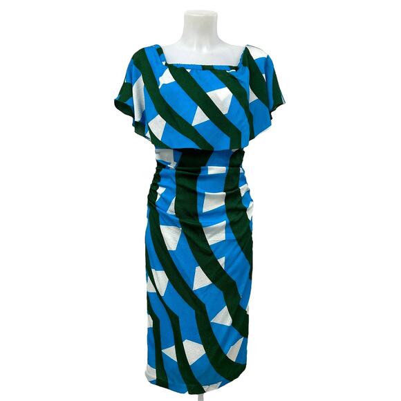 NWOT Tracy Reese Geometric Print Silk Off Shoulder Dress Womens 4 Blue Green - Picture 1 of 8